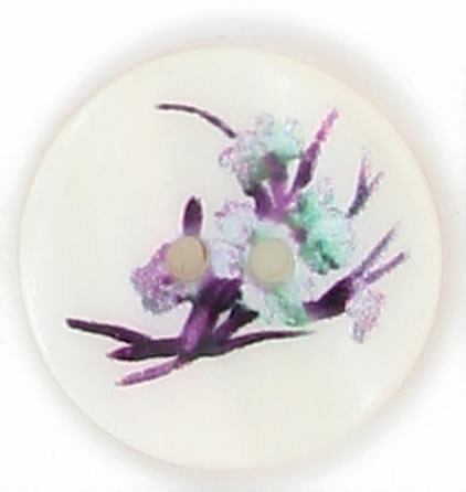 Bouton 2 trous nacre imprimé fleur violette  15mm à 22mm